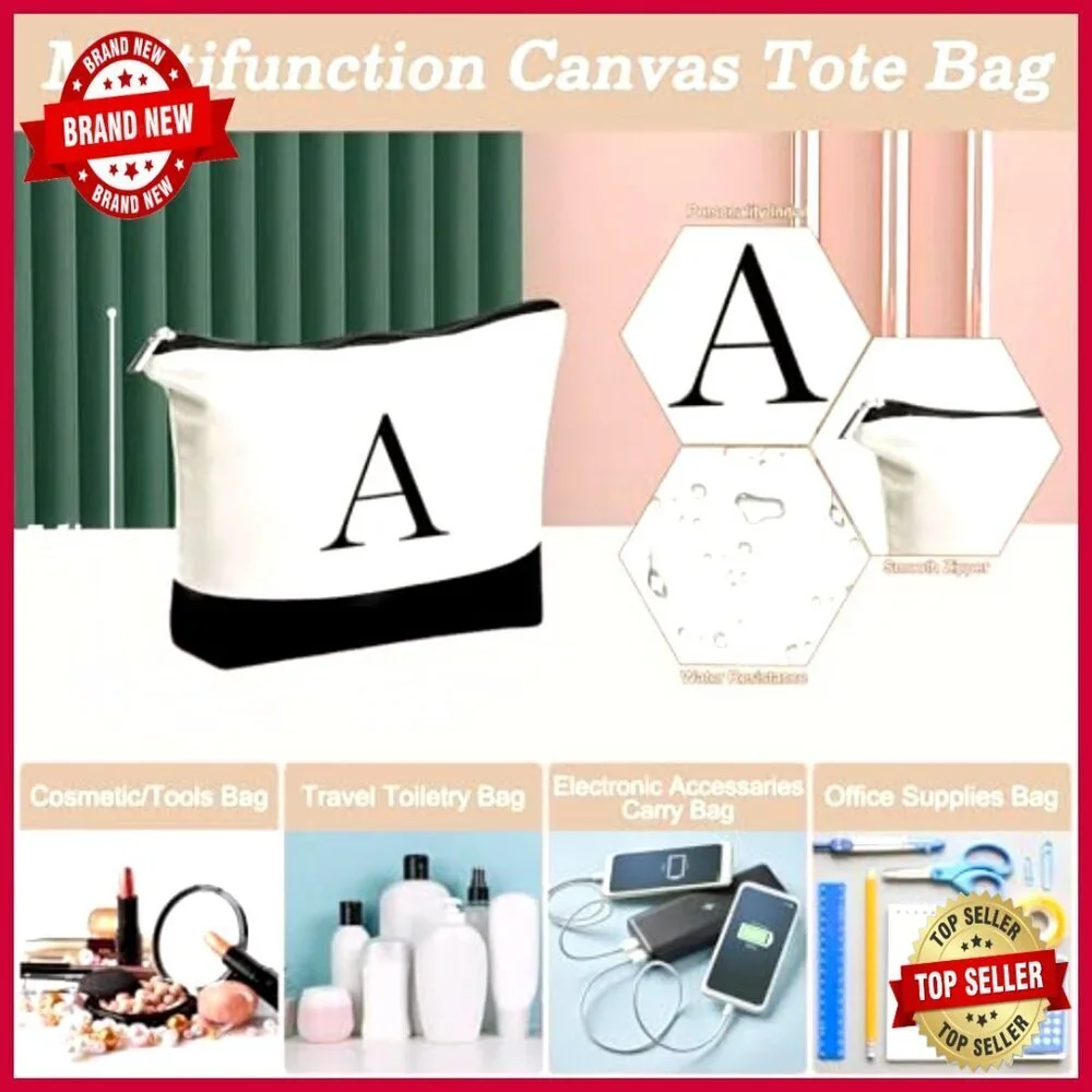 Personalized Initial Canvas Tote Bag Set with Makeup Bags, Zipper Closure